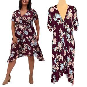 Torrid Floral Shirt Midi Dress Sz.XL Burgundy Button Front Short Sleeve Flowy